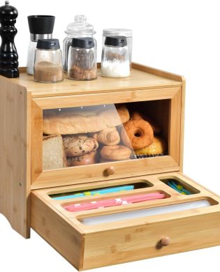 Bread Box for Kitchen Countertop,Bamboo Bread Box,Corner Bread box with Plastic Bag Organizer,Kitchen Countertop Food Storage Box with 2-Tier Storage,Farmhouse BreadBox with Window for Kitchen Counter