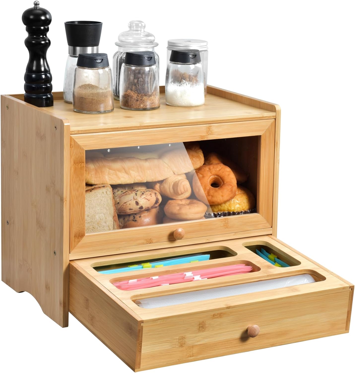 Bread Box for Kitchen Countertop,Bamboo Bread Box,Corner Bread box with Plastic Bag Organizer,Kitchen Countertop Food Storage Box with 2-Tier Storage,Farmhouse BreadBox with Window for Kitchen Counter