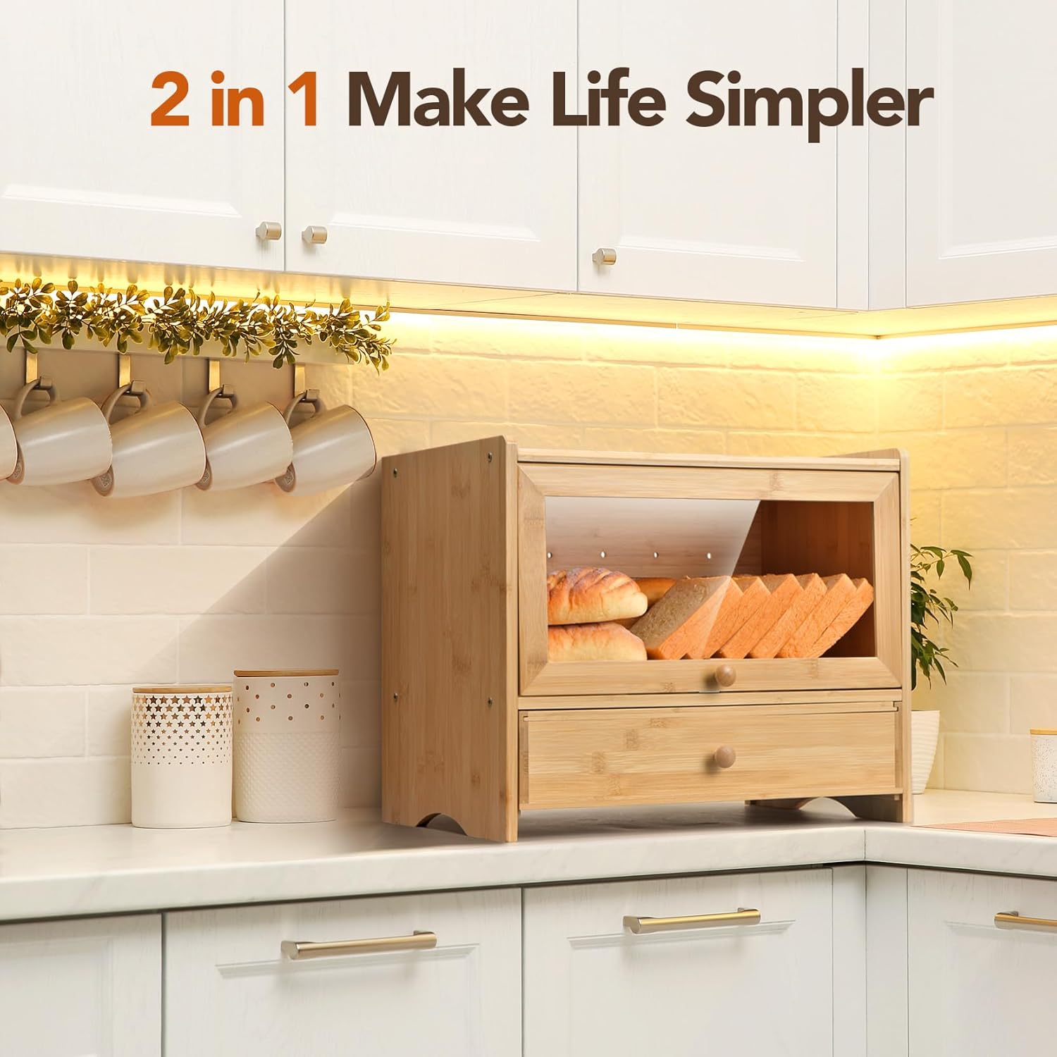 Bread Box for Kitchen Countertop,Bamboo Bread Box,Corner Bread box with Plastic Bag Organizer,Kitchen Countertop Food Storage Box with 2-Tier Storage,Farmhouse BreadBox with Window for Kitchen Counter - Image 2
