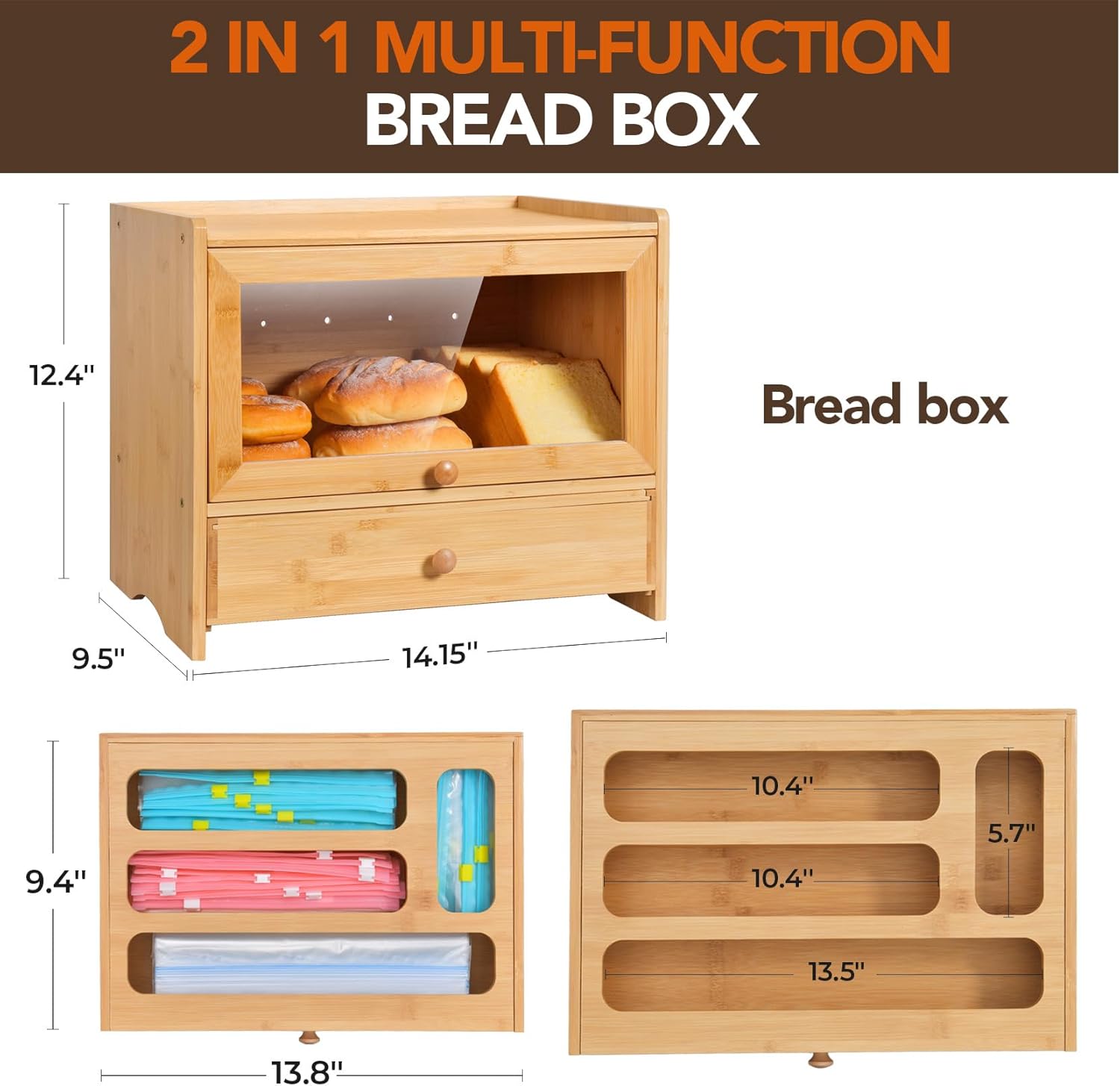 Bread Box for Kitchen Countertop,Bamboo Bread Box,Corner Bread box with Plastic Bag Organizer,Kitchen Countertop Food Storage Box with 2-Tier Storage,Farmhouse BreadBox with Window for Kitchen Counter - Image 5