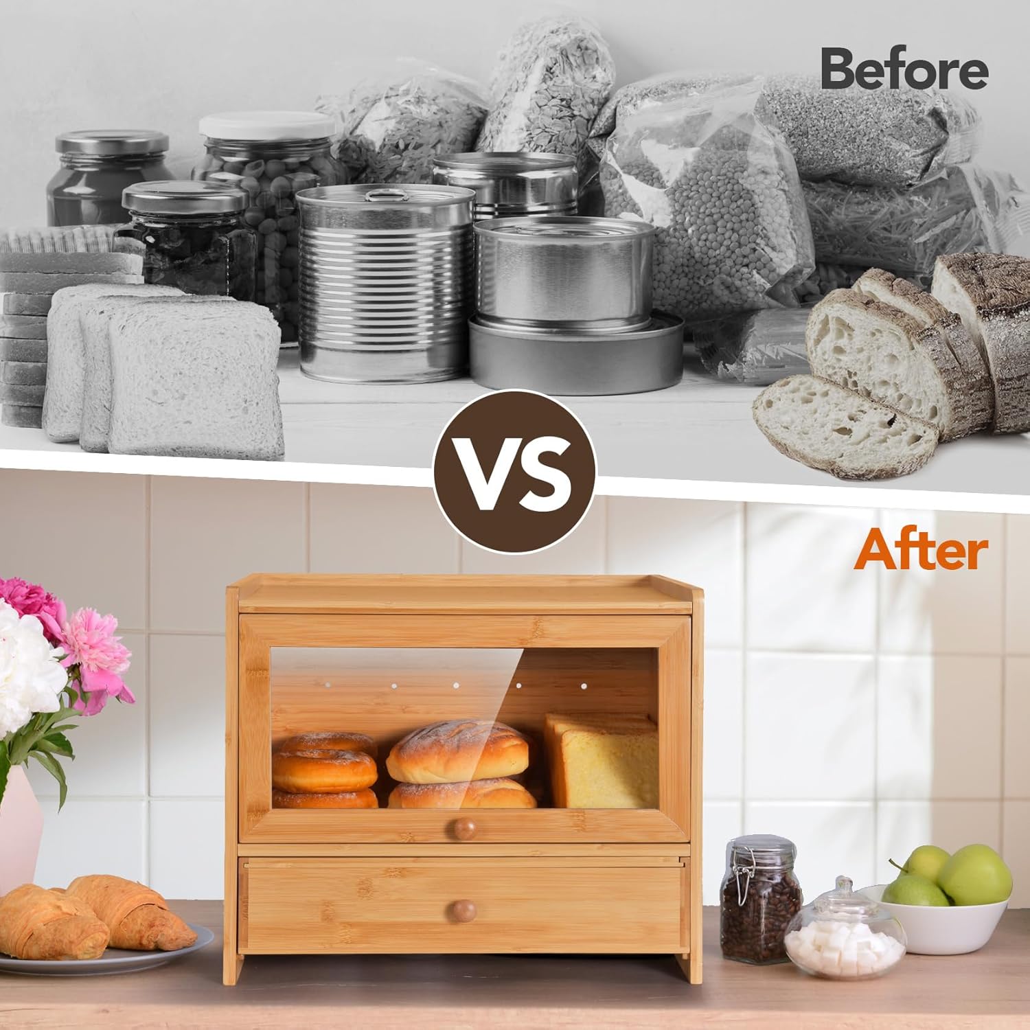 Bread Box for Kitchen Countertop,Bamboo Bread Box,Corner Bread box with Plastic Bag Organizer,Kitchen Countertop Food Storage Box with 2-Tier Storage,Farmhouse BreadBox with Window for Kitchen Counter - Image 6