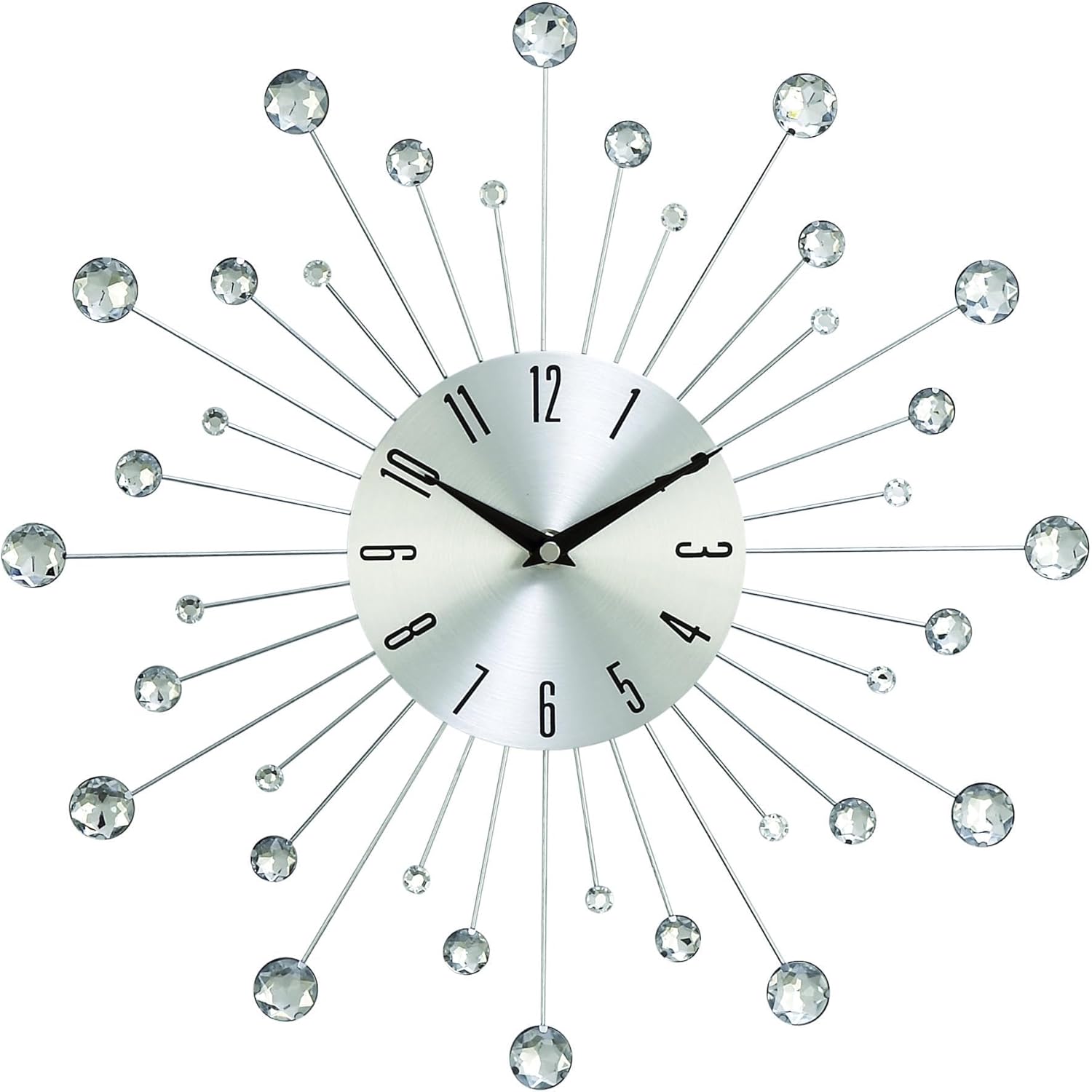 Deco 79 Metal Starburst Decorative Wall Clock With Crystal Accents for Home and Room, 15" x 2" x 15", Silver