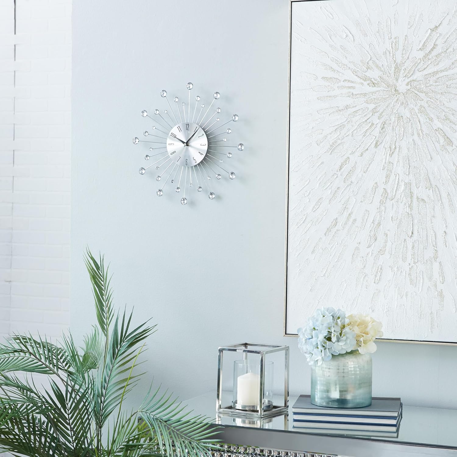 Deco 79 Metal Starburst Decorative Wall Clock With Crystal Accents for Home and Room, 15" x 2" x 15", Silver - Image 3