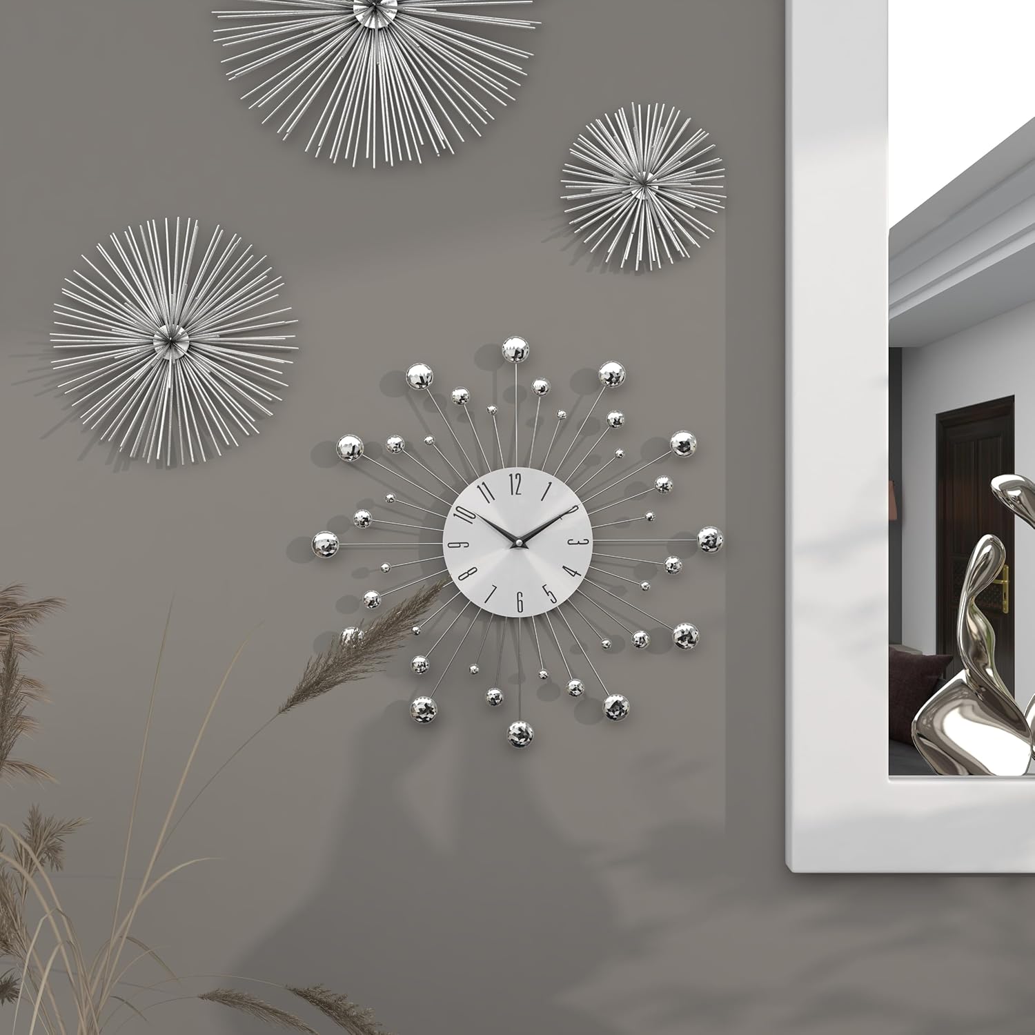 Deco 79 Metal Starburst Decorative Wall Clock With Crystal Accents for Home and Room, 15" x 2" x 15", Silver - Image 9