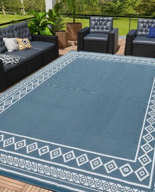 OPPODREAM Outdoor Rug 5x8 Ft, Waterproof Outdoor Plastic Straw Rug for Patio, Reversible Out Door Carpet for Camping, Deck, Rv, 5 x 8 Area Carpet for Balcony, Porch, Backyard, White & Navy Blue
