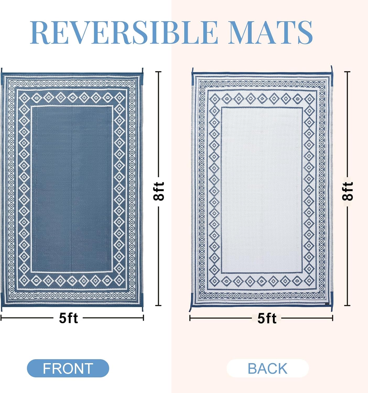 OPPODREAM Outdoor Rug 5x8 Ft, Waterproof Outdoor Plastic Straw Rug for Patio, Reversible Out Door Carpet for Camping, Deck, Rv, 5 x 8 Area Carpet for Balcony, Porch, Backyard, White & Navy Blue - Image 2