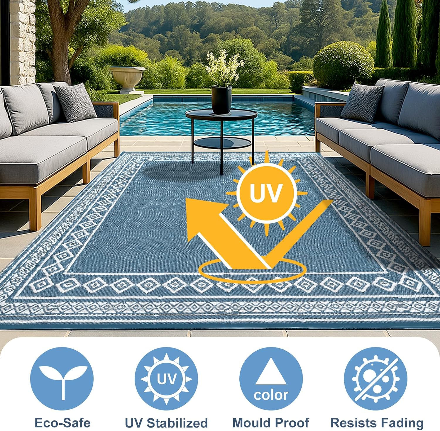 OPPODREAM Outdoor Rug 5x8 Ft, Waterproof Outdoor Plastic Straw Rug for Patio, Reversible Out Door Carpet for Camping, Deck, Rv, 5 x 8 Area Carpet for Balcony, Porch, Backyard, White & Navy Blue - Image 3