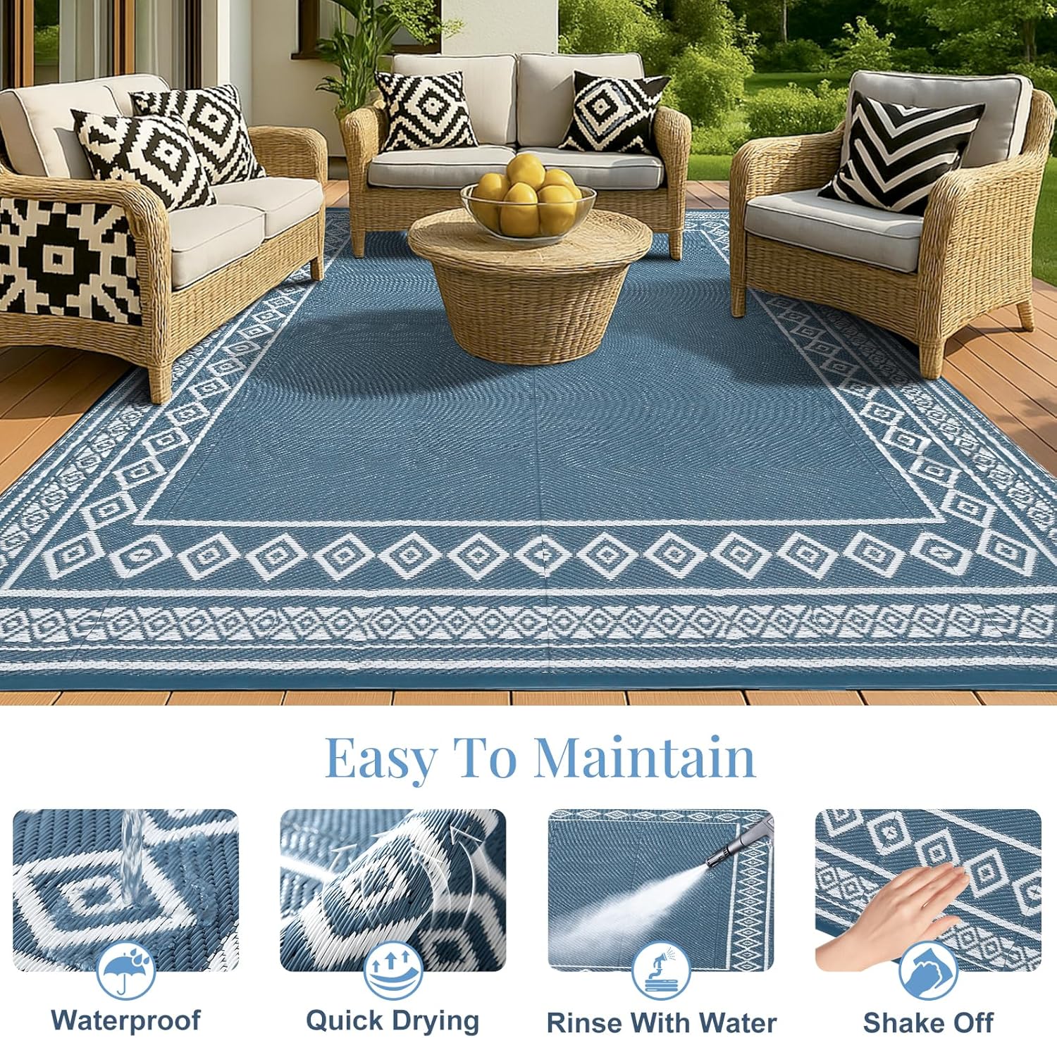 OPPODREAM Outdoor Rug 5x8 Ft, Waterproof Outdoor Plastic Straw Rug for Patio, Reversible Out Door Carpet for Camping, Deck, Rv, 5 x 8 Area Carpet for Balcony, Porch, Backyard, White & Navy Blue - Image 4