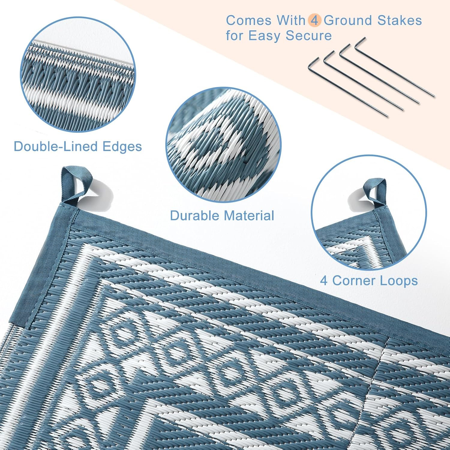 OPPODREAM Outdoor Rug 5x8 Ft, Waterproof Outdoor Plastic Straw Rug for Patio, Reversible Out Door Carpet for Camping, Deck, Rv, 5 x 8 Area Carpet for Balcony, Porch, Backyard, White & Navy Blue - Image 5