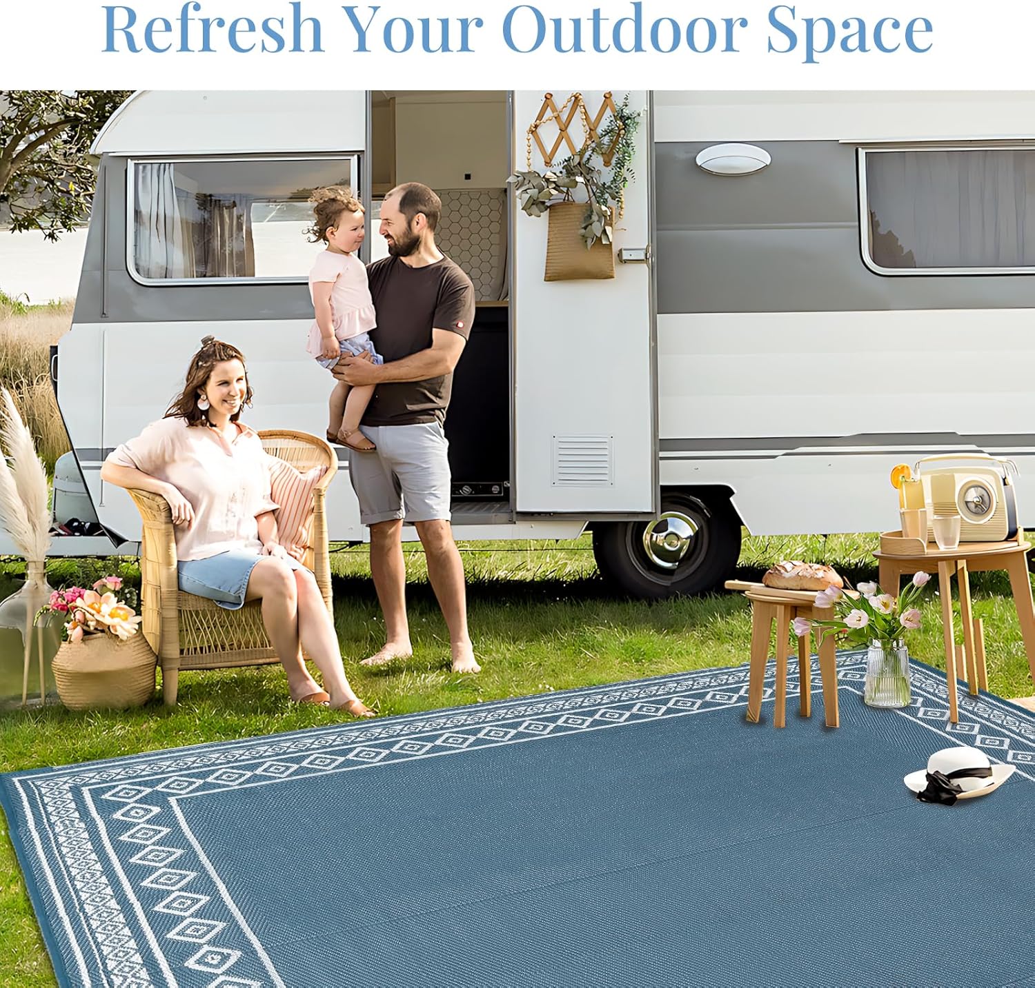 OPPODREAM Outdoor Rug 5x8 Ft, Waterproof Outdoor Plastic Straw Rug for Patio, Reversible Out Door Carpet for Camping, Deck, Rv, 5 x 8 Area Carpet for Balcony, Porch, Backyard, White & Navy Blue - Image 6