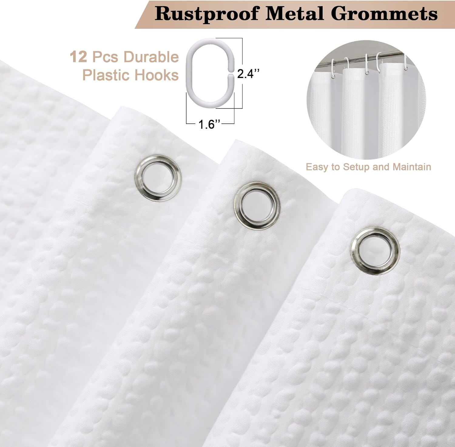 Berry White Shower Curtain Set, Embossed Textured Fabric Bathroom Curtain for Bathroom - Soft Cloth & Hotel Spa, Water Resistance, Machine Washable Shower Curtain with 12 Hooks, 72X72, White - Image 3