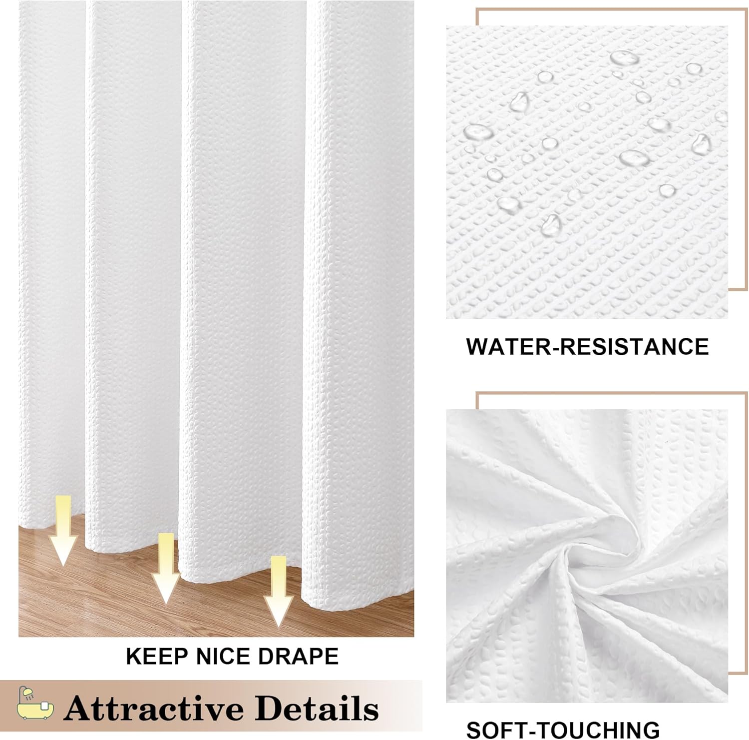 Berry White Shower Curtain Set, Embossed Textured Fabric Bathroom Curtain for Bathroom - Soft Cloth & Hotel Spa, Water Resistance, Machine Washable Shower Curtain with 12 Hooks, 72X72, White - Image 7