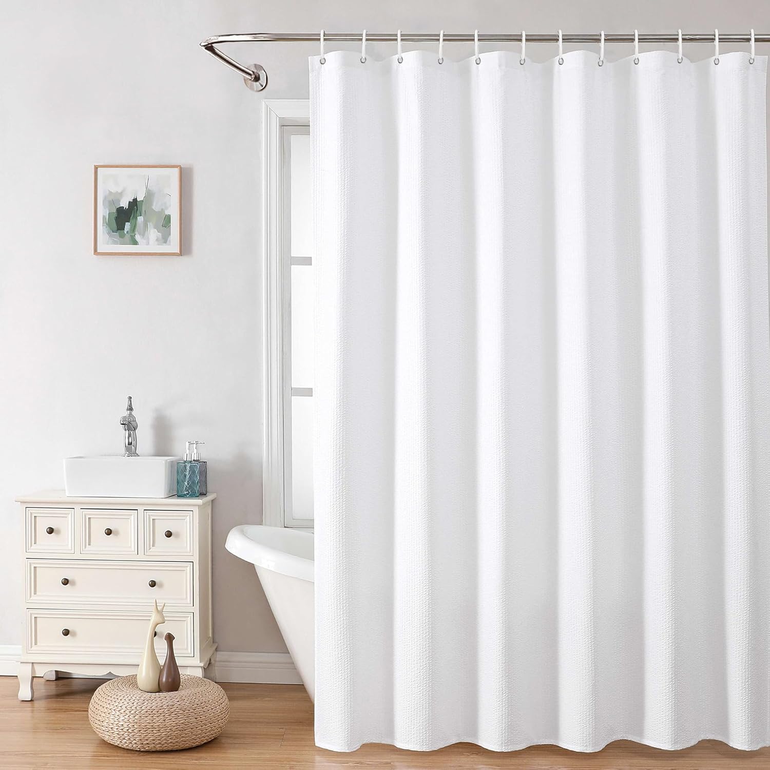 Berry White Shower Curtain Set, Embossed Textured Fabric Bathroom Curtain for Bathroom - Soft Cloth & Hotel Spa, Water Resistance, Machine Washable Shower Curtain with 12 Hooks, 72X72, White - Image 9