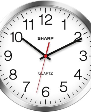 Sharp Wall Clock – Silver/Chrome, Silent Non Ticking 12 Inch Quality Quartz Battery Operated Round Easy to Read Home/Kitchen/Office/Classroom/School Clocks, Sweep Movement