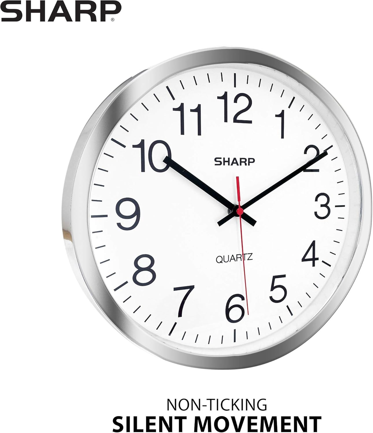Sharp Wall Clock – Silver/Chrome, Silent Non Ticking 12 Inch Quality Quartz Battery Operated Round Easy to Read Home/Kitchen/Office/Classroom/School Clocks, Sweep Movement - Image 2