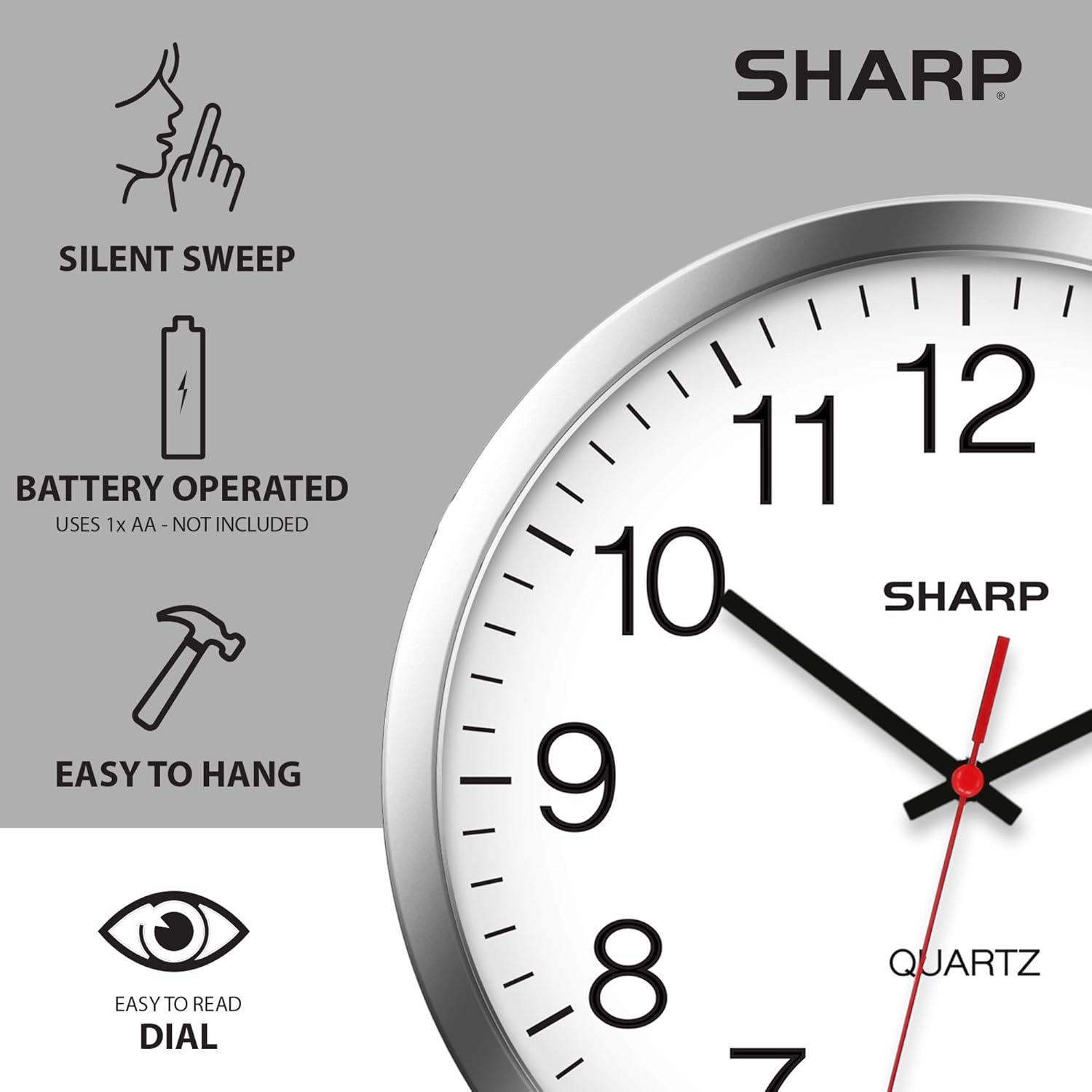 Sharp Wall Clock – Silver/Chrome, Silent Non Ticking 12 Inch Quality Quartz Battery Operated Round Easy to Read Home/Kitchen/Office/Classroom/School Clocks, Sweep Movement - Image 5