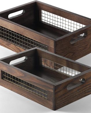 Wooden Countertop Baskets Set of 2 for Kitchen, Bathroom, Pantry|Wall Mount Upgrade with Full Accessories| Rustic Nesting Boxes|Wooden Organizer Crates for Fruit, Vegetables, Produce, Bread