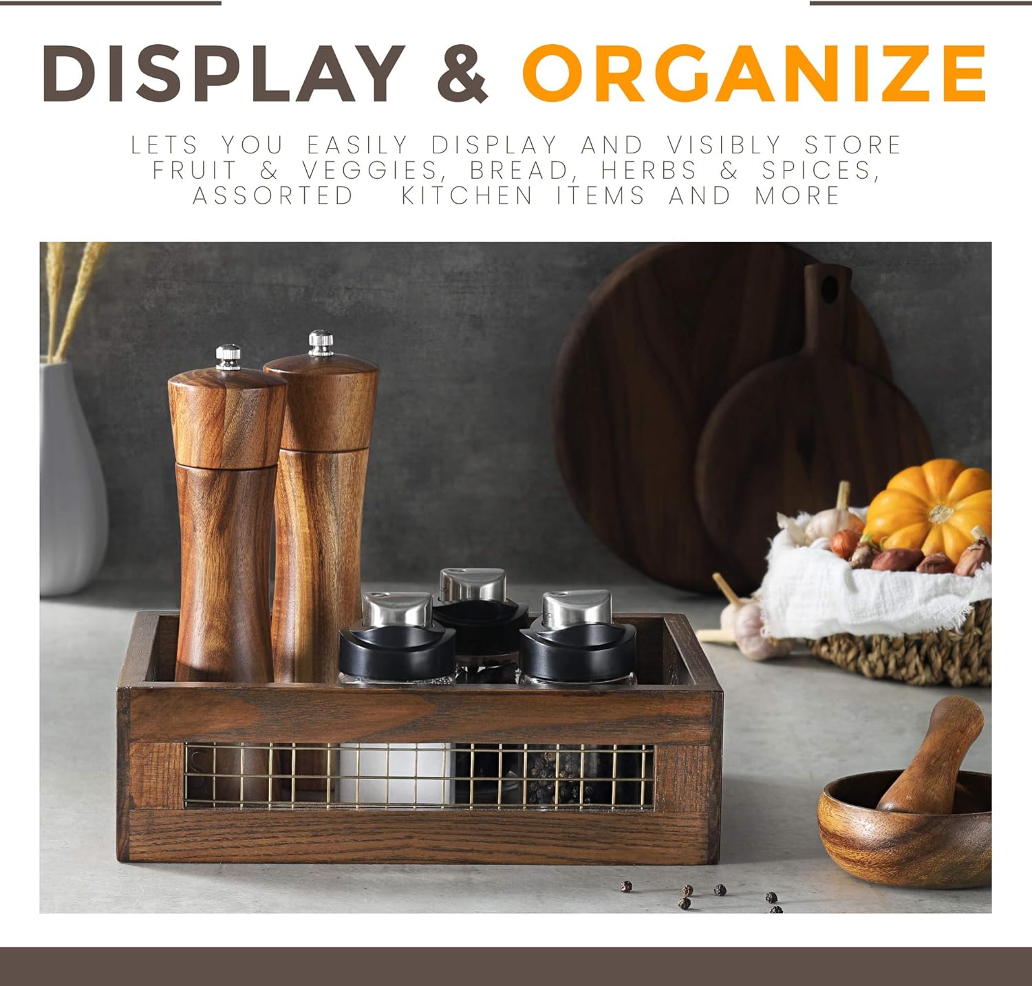 Wooden Countertop Baskets Set of 2 for Kitchen, Bathroom, Pantry|Wall Mount Upgrade with Full Accessories| Rustic Nesting Boxes|Wooden Organizer Crates for Fruit, Vegetables, Produce, Bread - Image 3