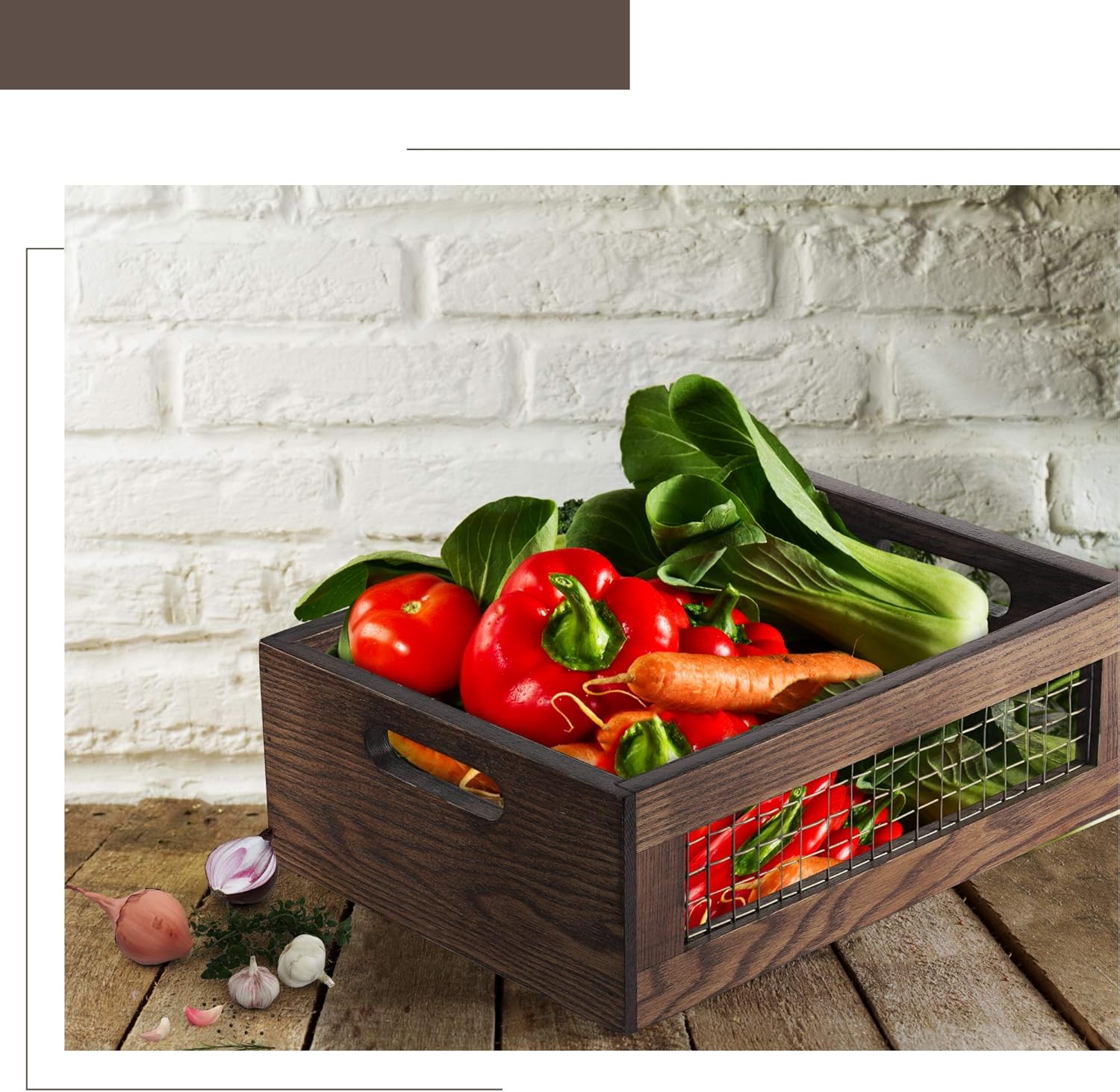 Wooden Countertop Baskets Set of 2 for Kitchen, Bathroom, Pantry|Wall Mount Upgrade with Full Accessories| Rustic Nesting Boxes|Wooden Organizer Crates for Fruit, Vegetables, Produce, Bread - Image 5