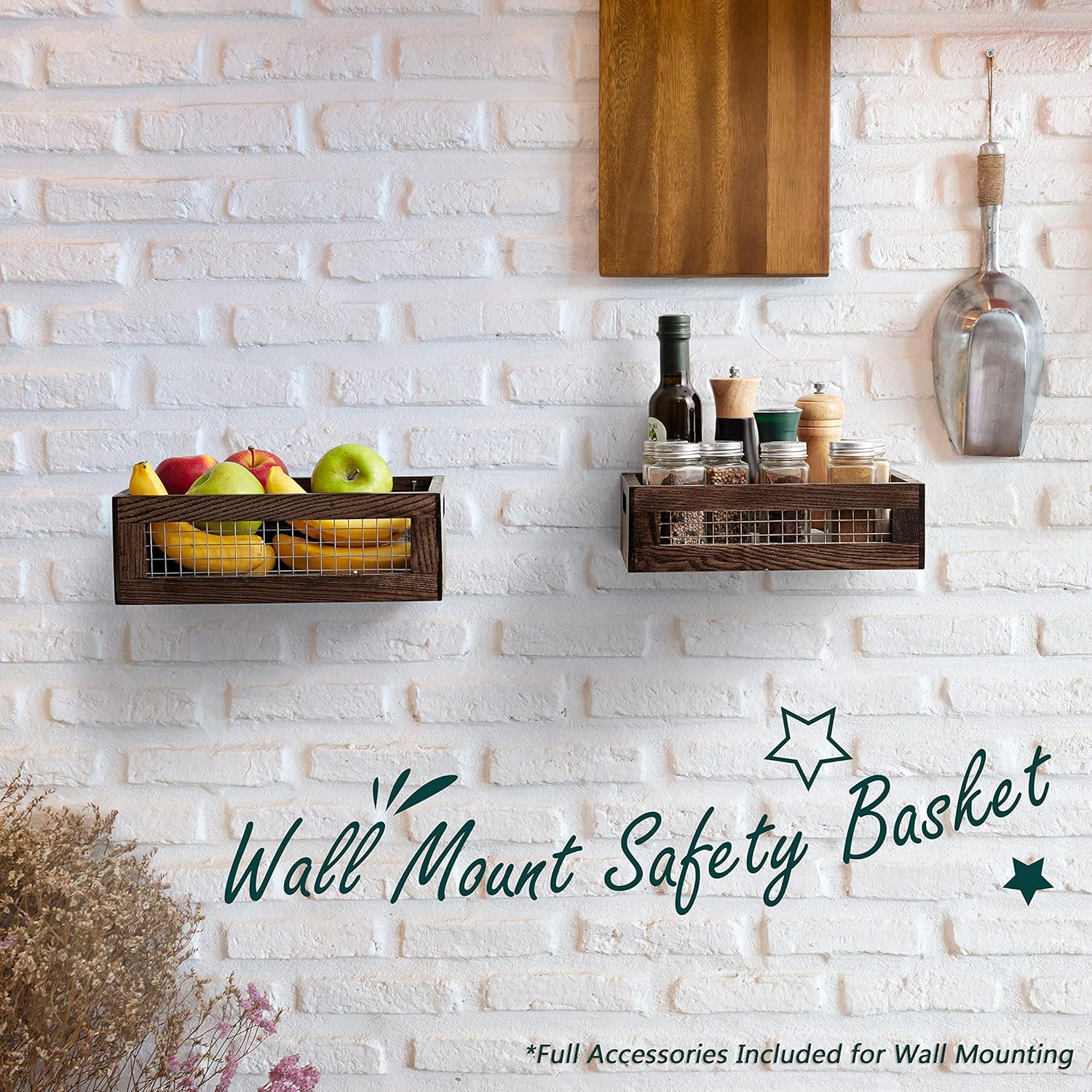 Wooden Countertop Baskets Set of 2 for Kitchen, Bathroom, Pantry|Wall Mount Upgrade with Full Accessories| Rustic Nesting Boxes|Wooden Organizer Crates for Fruit, Vegetables, Produce, Bread - Image 6